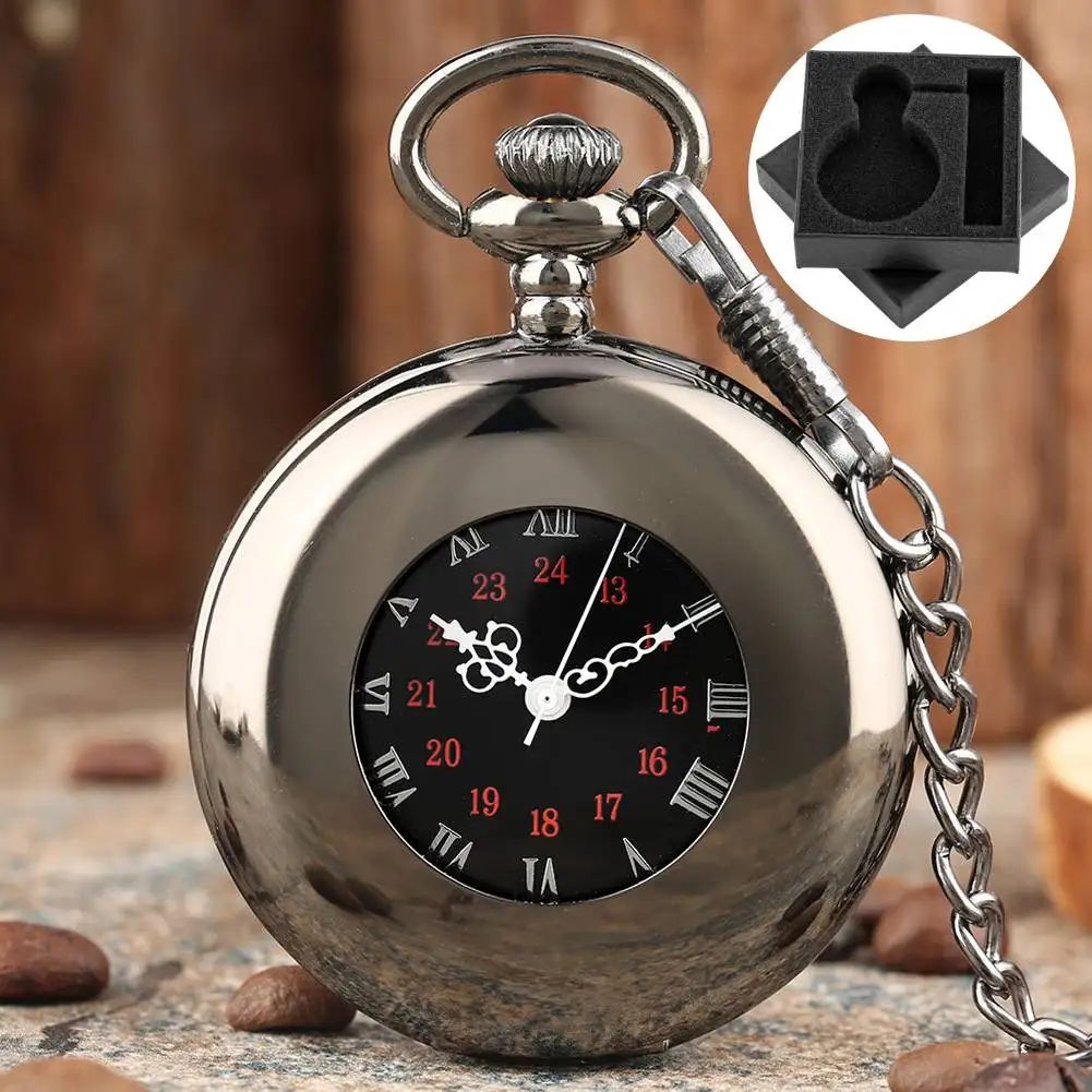 Classic Polishing Smooth Black Mechanical Hand Winding Pocket Watch Roman Numerals Dial Fob Chain Half Hunter Pendant Clock Gift