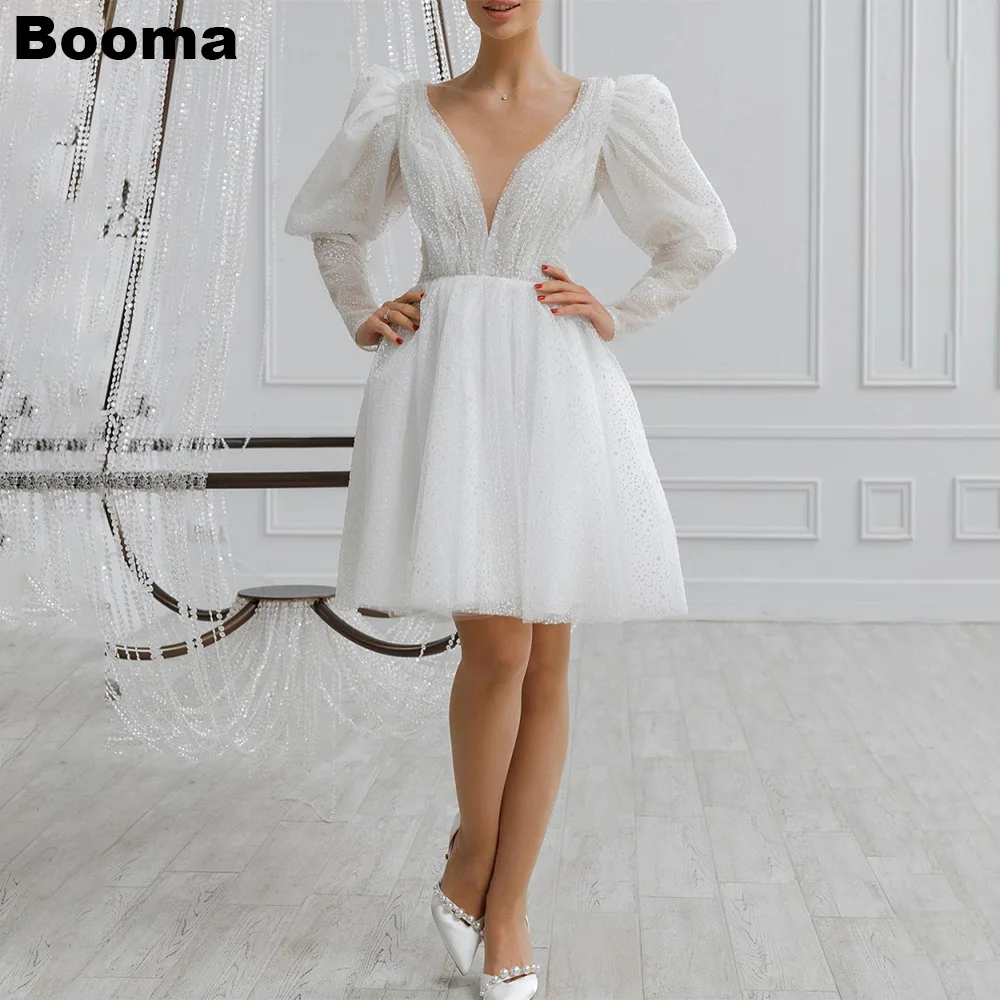 Booma Sexy A Line Short Wedding Dresses Deep V Neck Long Puff Sleeves Bridal Party Gowns Knee Length Bride Dresses for Women