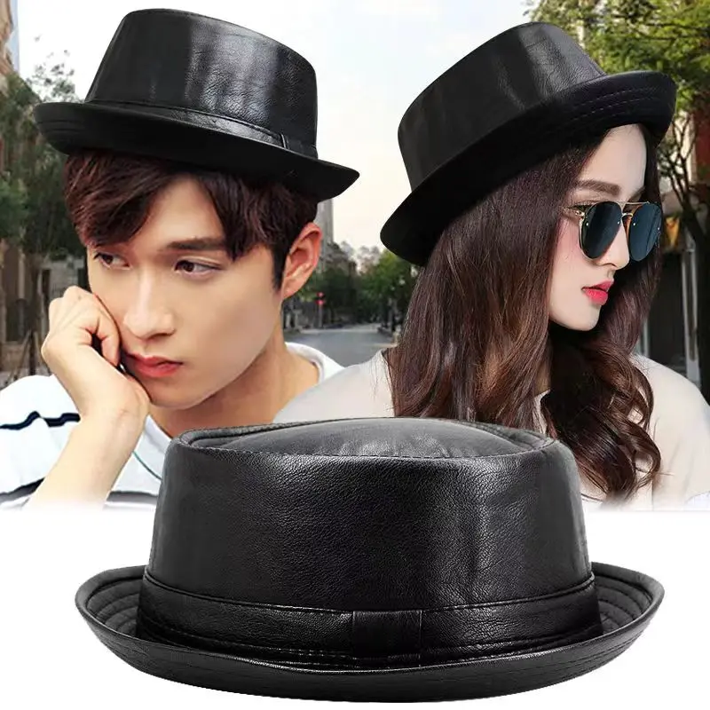 

New Fashion Men Black Leather Trilby Hat Male Fedora Cap Retro Women Autumn Brand Porkpie Caps Men's Vintage Jazz Hats