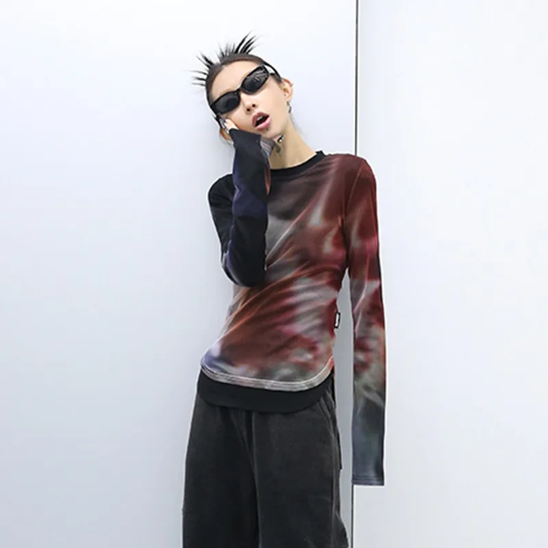 Karrcat Cyber Y2k Mesh Tops Grunge Gradient Print T-shirt Irregular Tie Dye Chic T Shirt Korean Fashion Harajuku Streetwear 00s