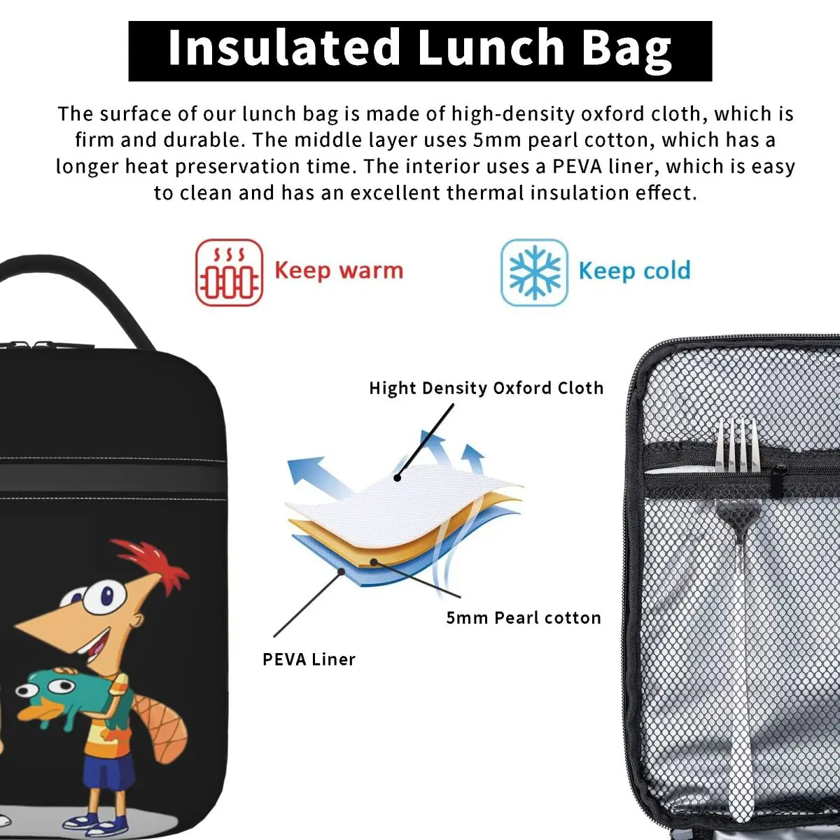 Phineas And Ferb Insulated Lunch Bag for Women Kids Portable Food Boxes Thermal Lunch Box Tote