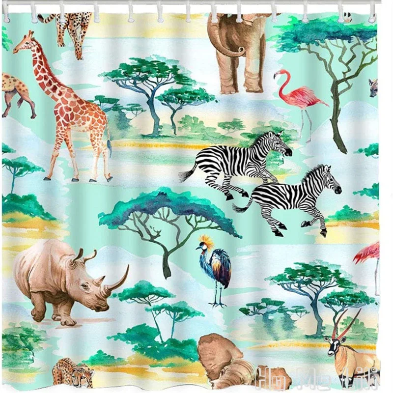 African Animal Giraffe Elephant Zebra Rhinoceros Flamingo Leopard Shower Curtain By Ho Me Lilis Home Polyester Fabric With Hooks