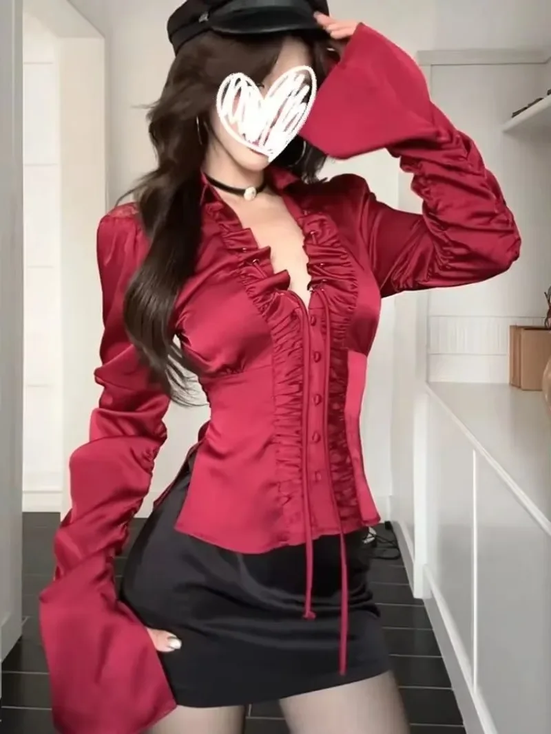 

Sweet Hot Girl Pure Sexy Lace-up Backless Shirt Women's Autumn V-neck Long-sleeve Patchwork Shirt Fashion Female Clothes
