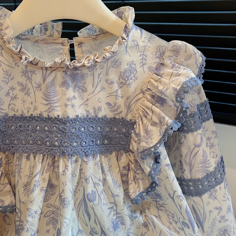 UNITIM Children Girls Shirts Autumn 2-12Yrs Girls Floral Printed T-shirts Toddler Girls Long Sleeves Kids Bow Peter Pan Shirts