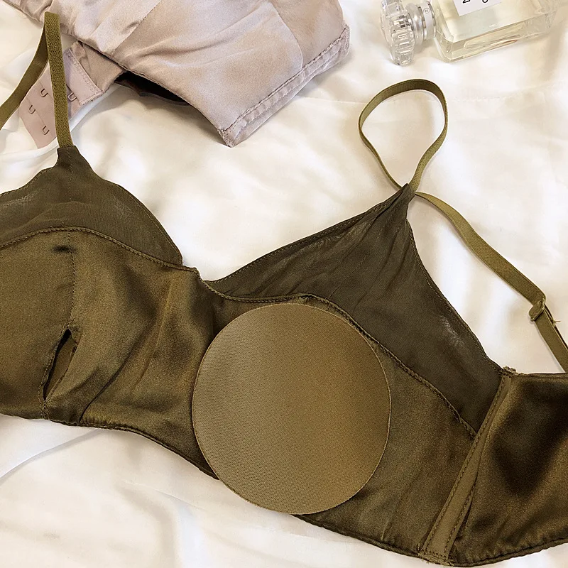 Silky satin mulberry silk bralette no steel ring underwear comfortable thin section big breasts small lingerie triangle cup bra