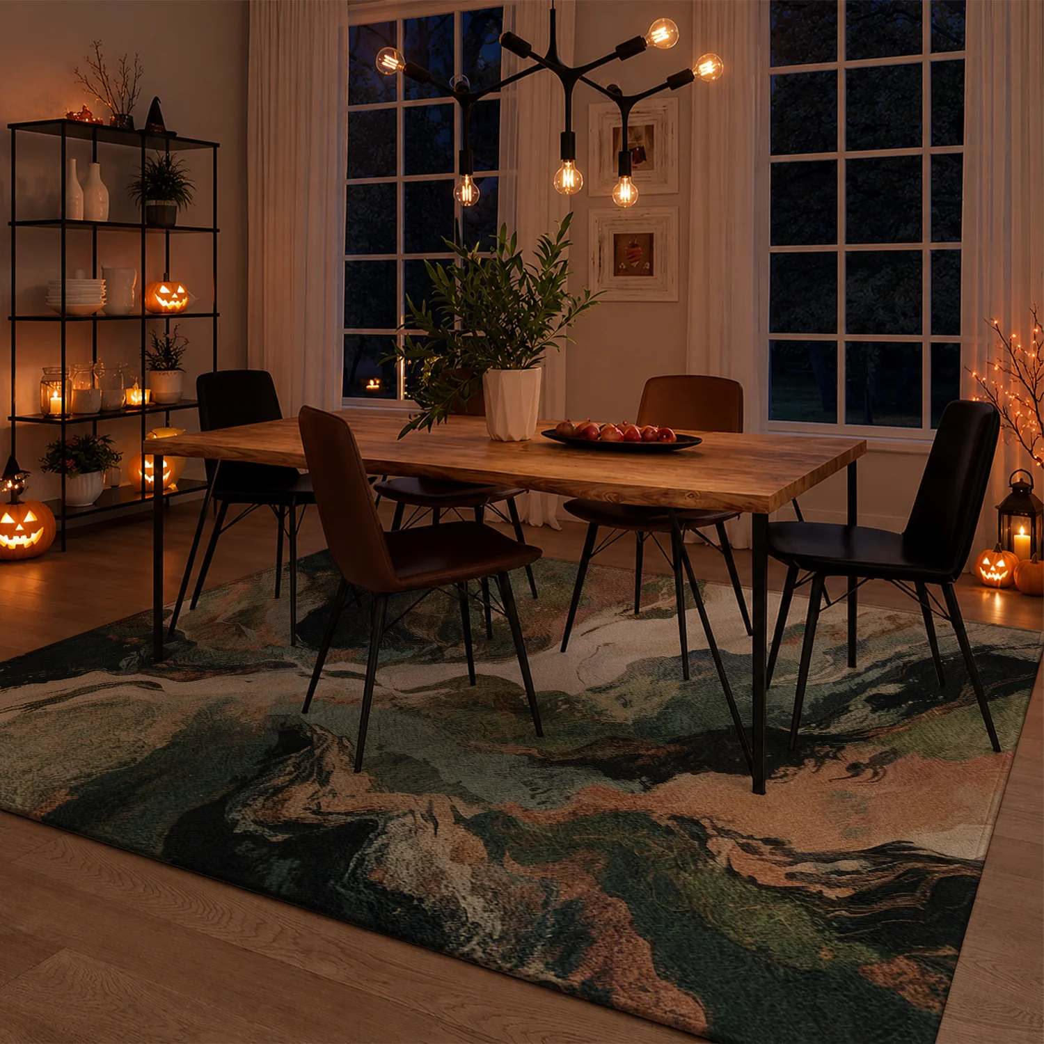 Large Indoor Area Rug, Soft Velvet Low Pile with Non-Slip Dotted Backing, Machine Washable Abstract Fluid Mountain Art Rug in Earthy Green and Terracotta Tones for Living Room, Bedroom, Entryway