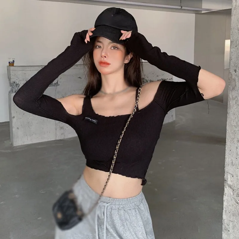 Women Off Shoulder Crop Top Autumn Sexy Hollow Out Half  Sleeve Tee Shirt Slim Skinny Ribbed Knitted T-shirt Irregular Tops