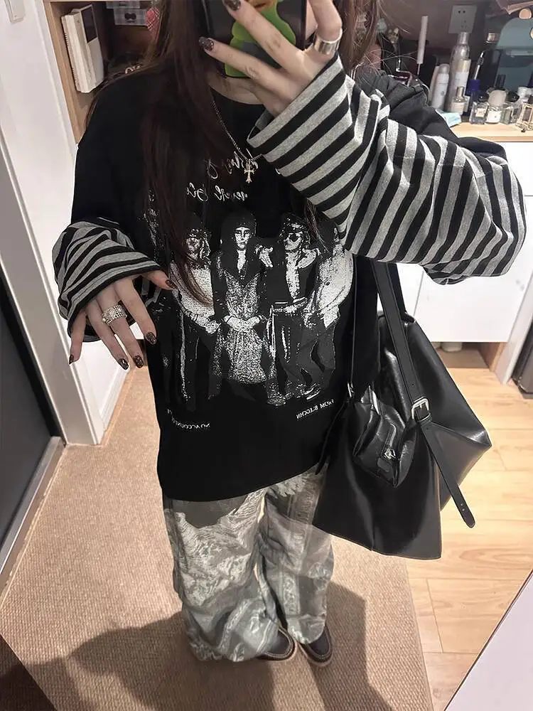 Gothic Punk Fake Two Piece T-shirt  2026 Spring Retro Rock Band Layered Long Sleeve Top Women's Loose Stylish Inner Base Layer