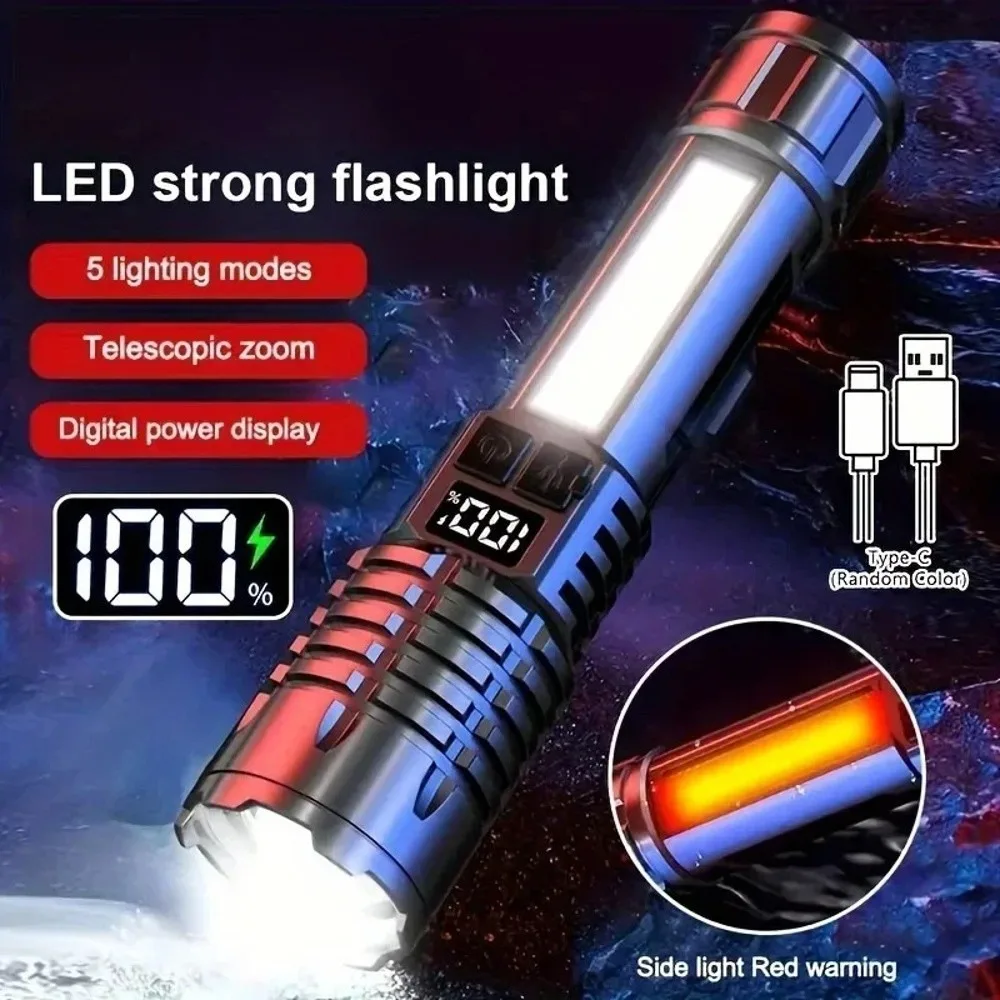 

Ultra Bright LED Flashlight Rechargeable Waterproof Zoom Powerful Torch TYPE-C COB Side Light Camping Lantern Outdoor Hiking