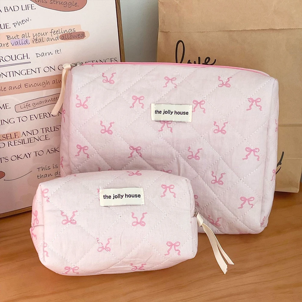 Borsa per il trucco in cotone trapuntato donna Bow Flower Storage Organizer custodia per cosmetici gonfia borsa per cosmetici da viaggio grande