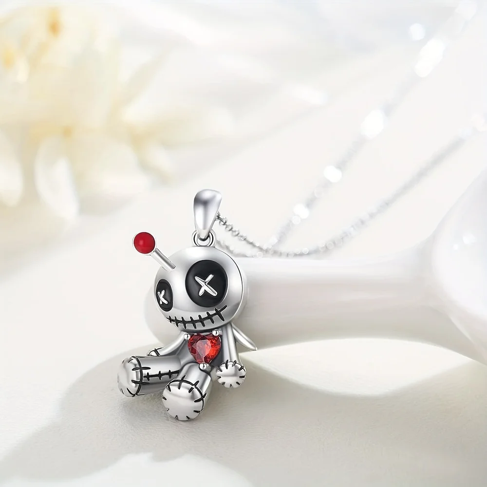 Creative Funny Voodoo Doll Red Heart Pendant Necklace for Women, Trendy Punk Cartoon Girl Holiday Decoration Accessories,