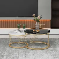 Modern Nesting Coffee Tables, Coffee Table Set Marble Veneer Sofa Side Tables Nesting Round Side Tables, Set of 2, Gold Frame