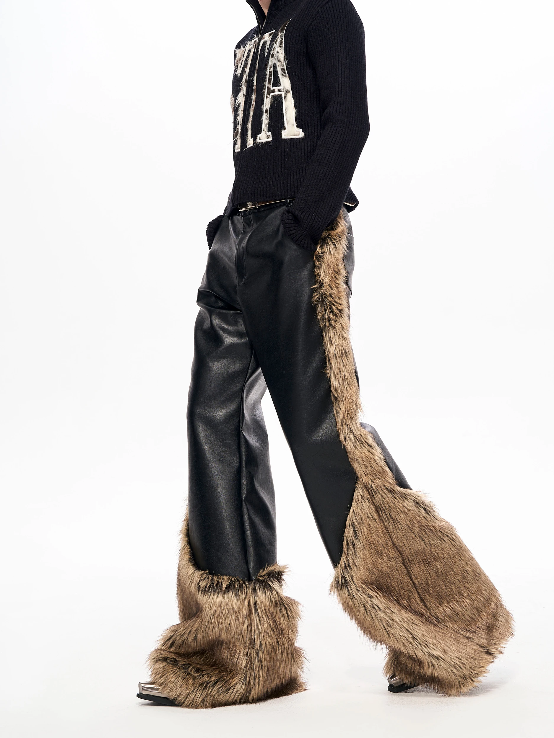 

High-End Men's Fur-Trimmed Wide Leg Pants PU Leather Trousers Youthful Sle Winter Faion for Teenagers Start Exceed End