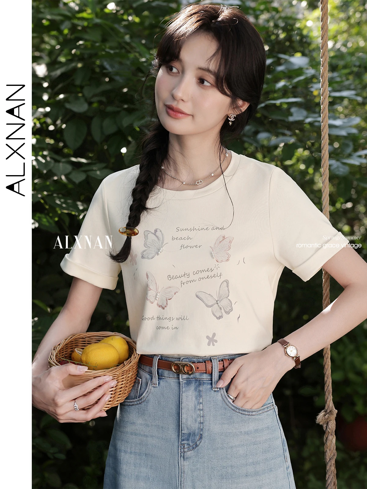 

ALXNAN Women's Printed T-shirt Apricot Elegant Cotton 100% T-shirt 2025 Summer Loose-fit Casual Short Sleeve Tops Ladies L55961