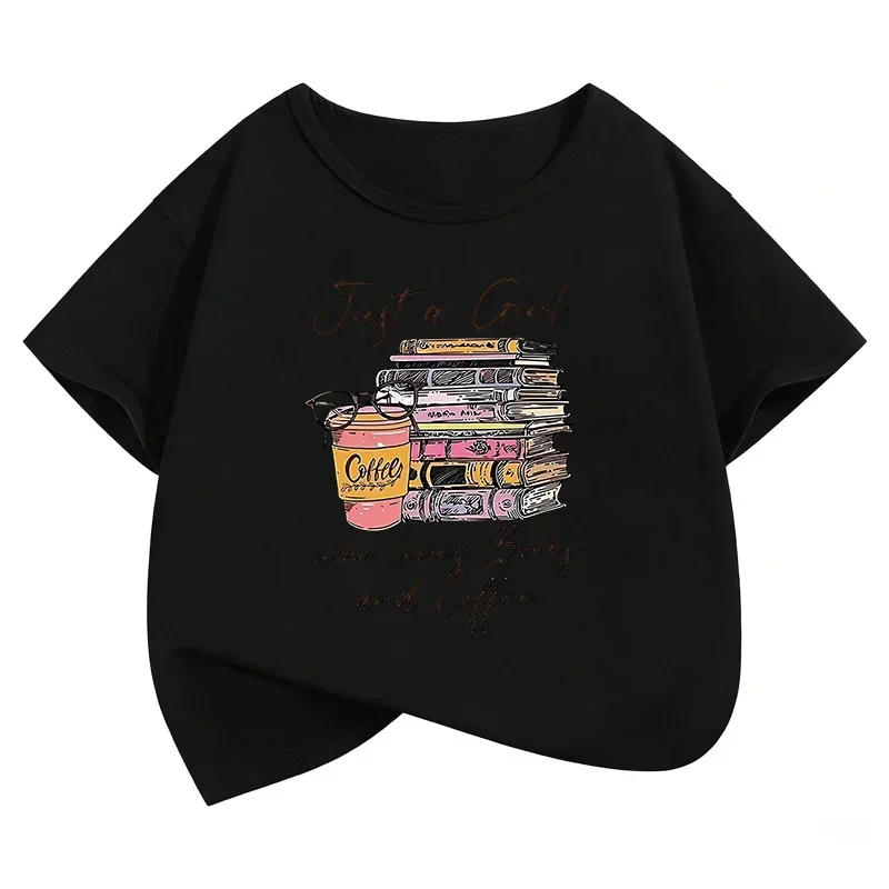 Just A Girl Who Love Book and Coffee Printed T Shirts Kids Children's T-shirt Boys Girls Summer Spring Casual Top Tee Shirt
