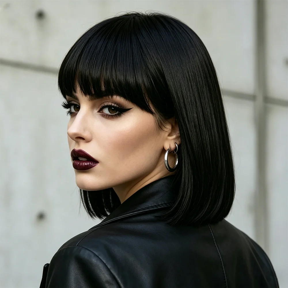 

Short Black straight bob wig with bangs for beginners Natural looking human hair Full Machine Made pixie cut wig with fringe