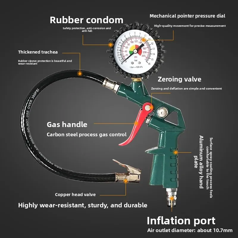Utility Automotive Tyre Inflation Accessory Precision Air Pressure Meter With Inflation Gun Nozzle Vehicle Tire Condition