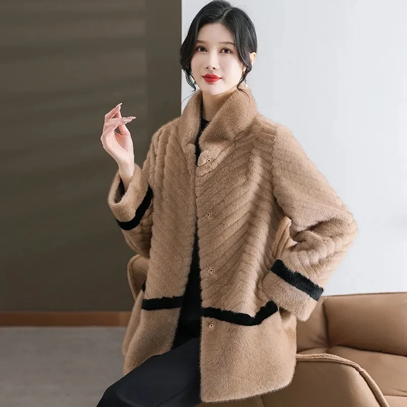 Cappotto di velluto di visone invernale di moda nuovo collo alla coreana da donna di mezza età temperamento medio anziano sciolto caldo imitazione FursCoat