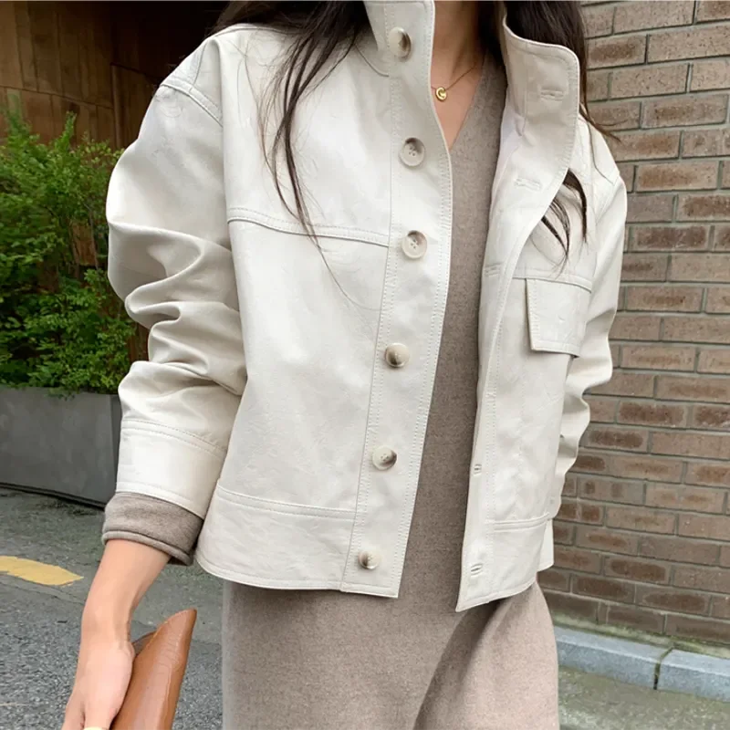 Chaqueta de cuero sintético para mujer, abrigo corto de manga larga, informal, estilo coreano Vintage, cuello levantado, botonadura única, otoño