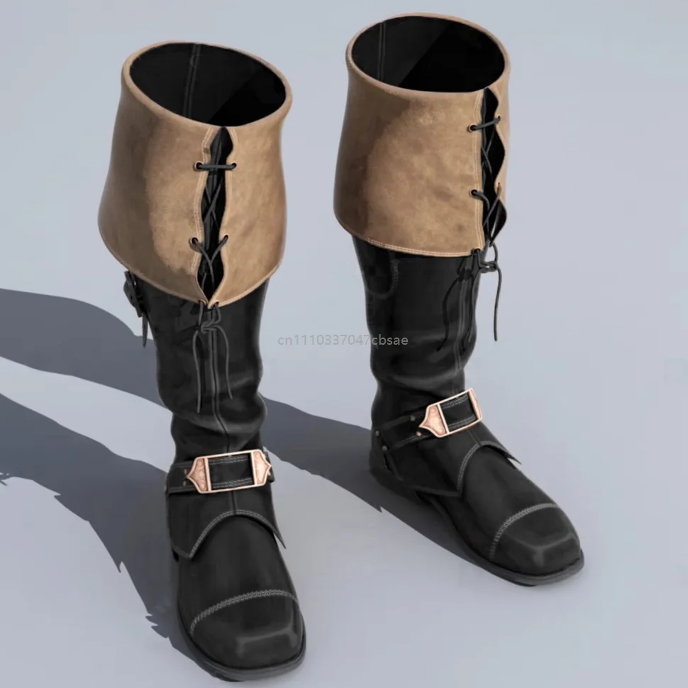 Quadratische Zehenspitze, Schnallenverschluss, lange Stiefel, hohe Schafthöhe, flacher Boden, Ritterstiefel, modischer niedriger Absatz, Retro-Farbblock-Design, Schnürschuhe – Detail 3