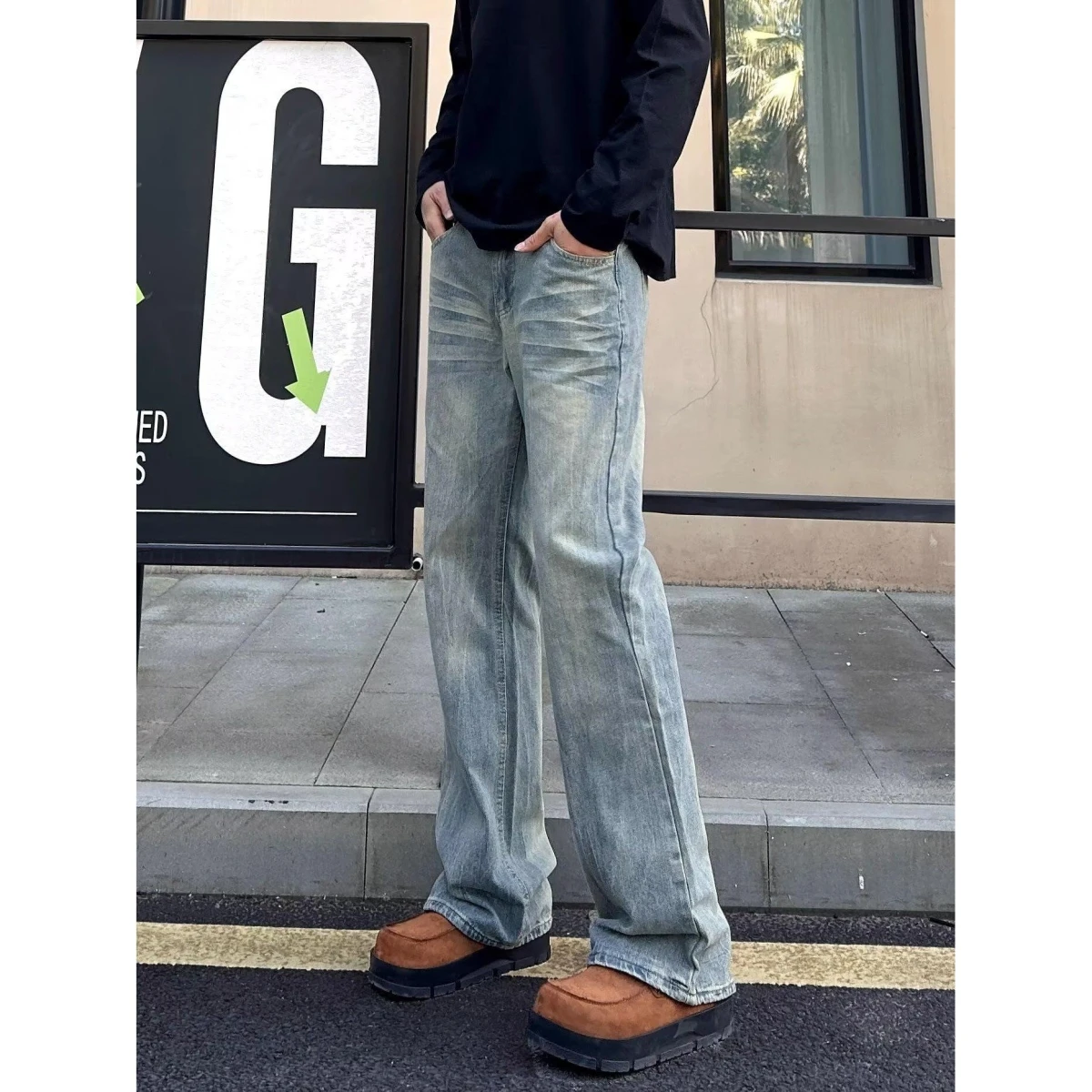 

Retro Waed American High Street CleanFit Men's Jeans Loose Straight Leg Micro Flared Slimming Vibe Casual mid Waist Zipper