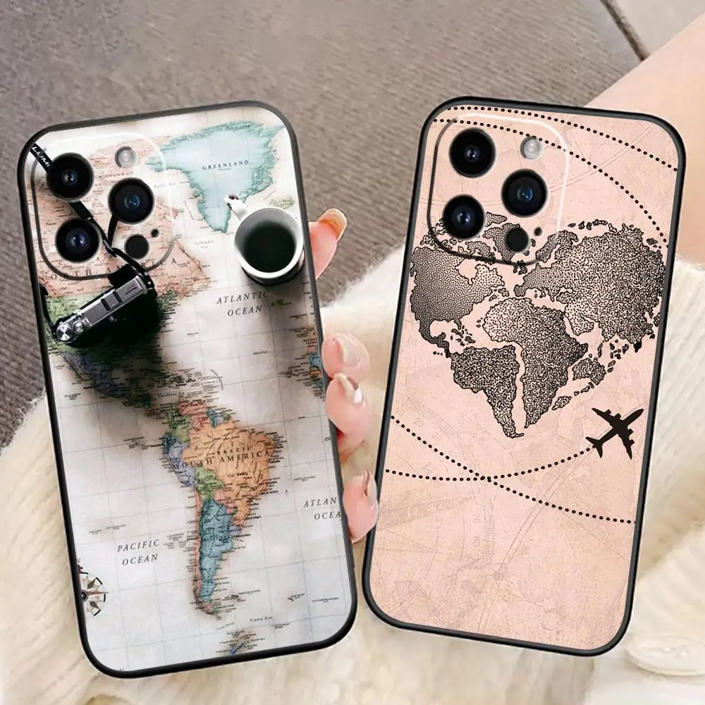 Funda Case For iphone 14 13 12 11 Pro XS Max Mini X XR SE 2020 2022 8 15 16 PlusS Case Shell W-World M-Map Travel Airplan Plane