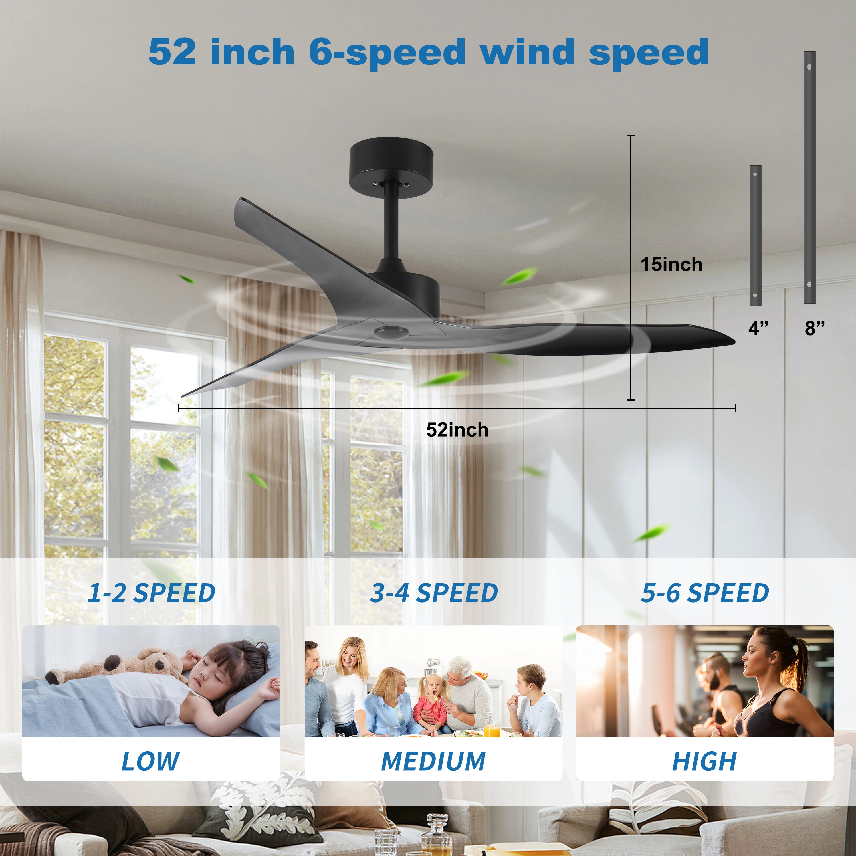 52" Outdoor Ceiling Fan Without Light with Remote Control ,3 ABS Blades Ceiling Fan 6-speed Reversible DC Motor Ceiling Fan