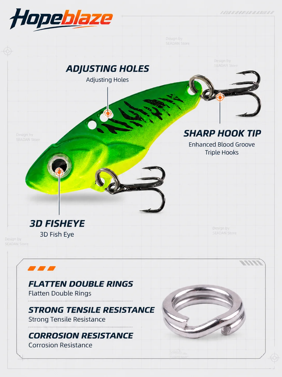 Hopeblaze Fierce Serpent Metal VIB 6Pcs Adjustable Holes Laser Lure Sharp Treble Hooks For Bass Trout Pike Perch Walleye