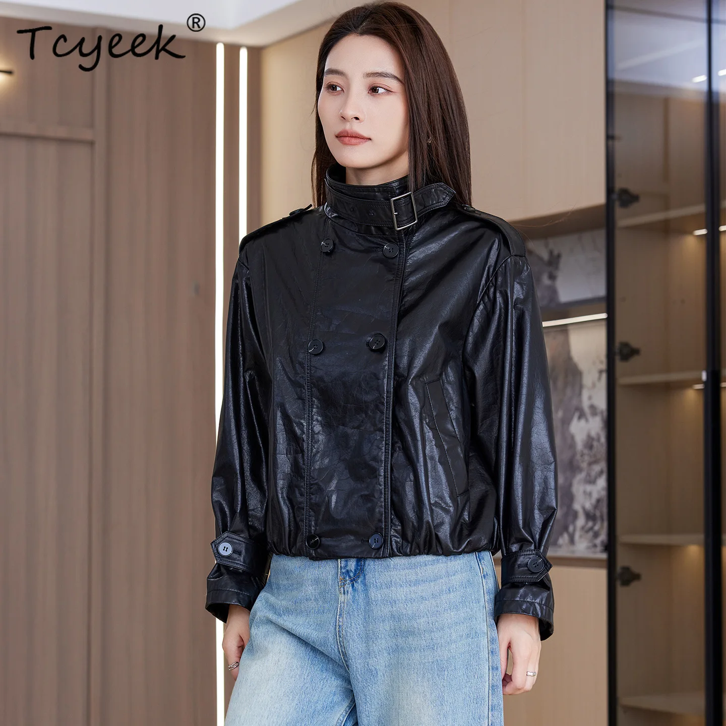 Tcyeek جلد الغنم الحقيقي سترة جلدية حقيقية ملابس حريمي معطف ربيع الخريف النفط الشمع المرأة معاطف فضفاضة تناسب Jaqueta De Couro #2