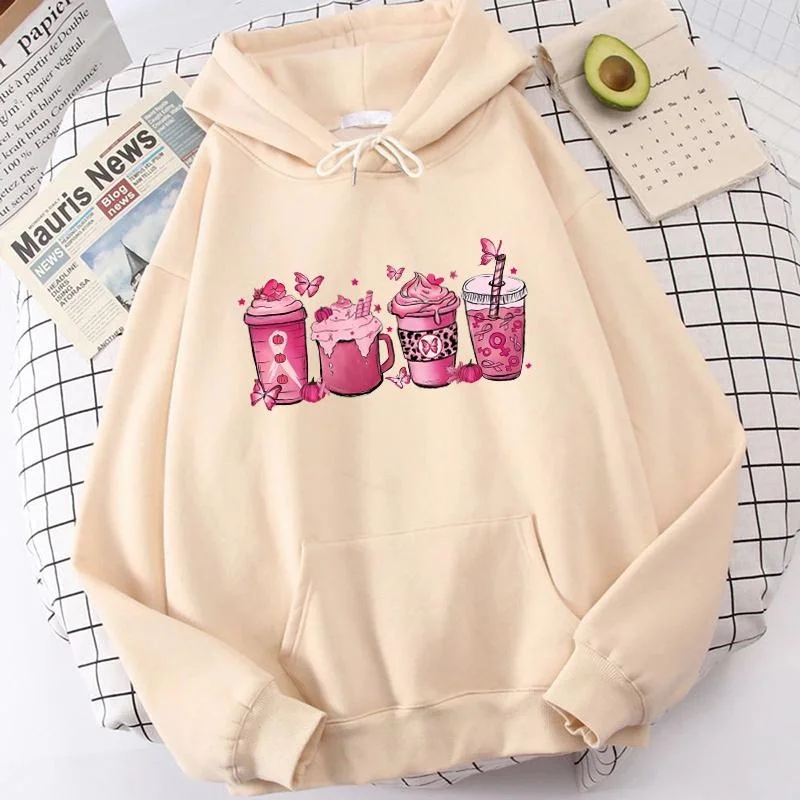 Sudadera de manga larga con capucha para mujer, suéter de color café para la concienciación sobre el cáncer de mama, ropa de calle Harajuku