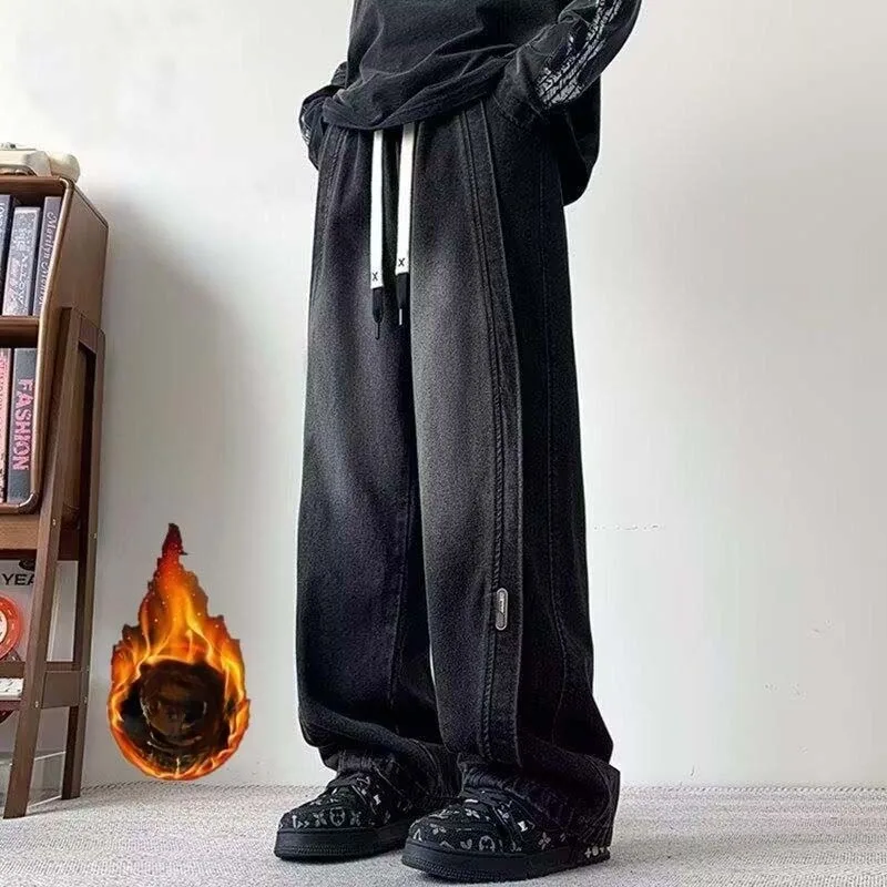 Loose and Trendy Pants Men Autumn and Winter Jeans with Fleece Retro American Straight-leg Casual Versatile Slimming Long Pants