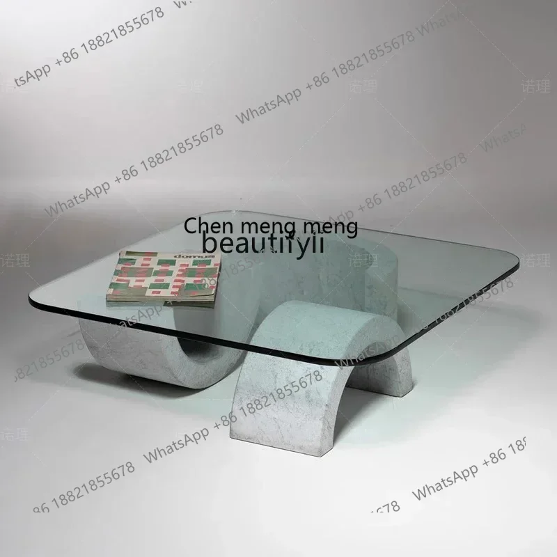 cqyNordic natural marble living room coffee table light luxury B & B transparent tempered glass low coffee table