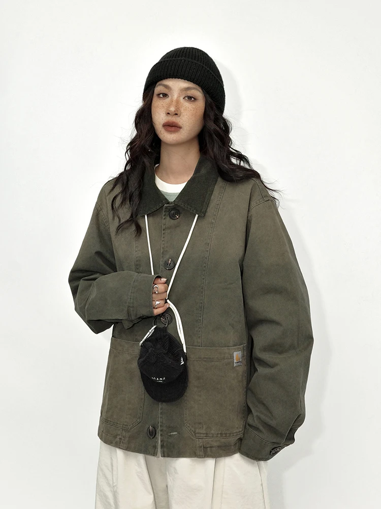 

Guluwai American Washed Gradient Loose Fit Military Green Workwear Jacket Unisex Retro Style Long Sleeve Button up Coat