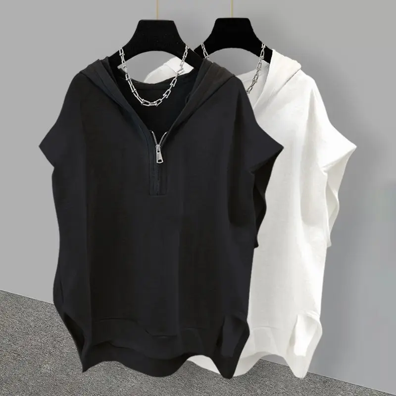 Solid Color Zipper Patchwork Hooded Sleeveless T Shirt Tops Summer New Loose All-match Loose Vest Casual Fashion Women Clothing