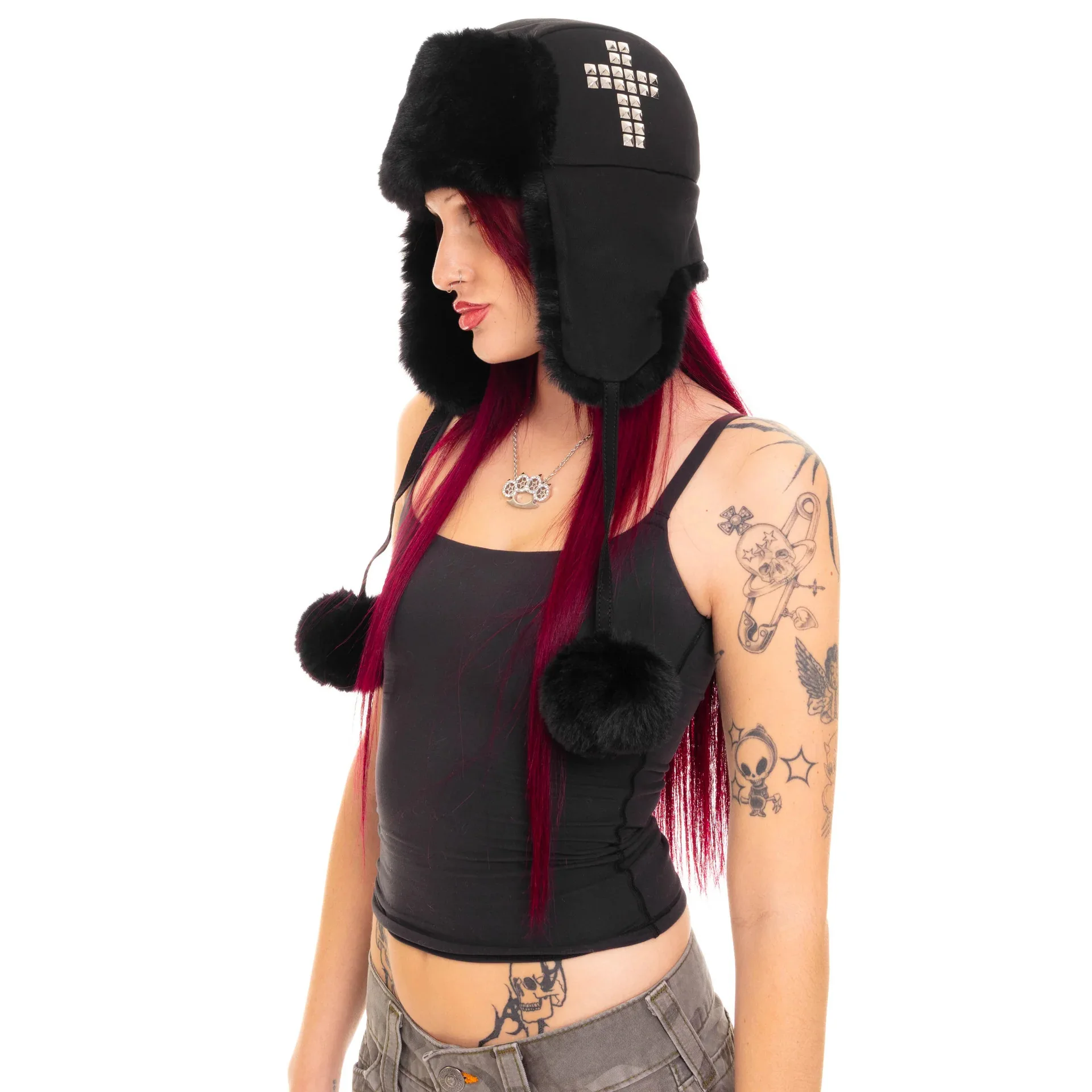 Y2k 迷彩柄 スカル グラフィックプリント ゴシック エステティック ロック サブカルチャー 暖かくてふわふわしたファッショナブルなボンバーハット 耳当て付き帽子 エモ