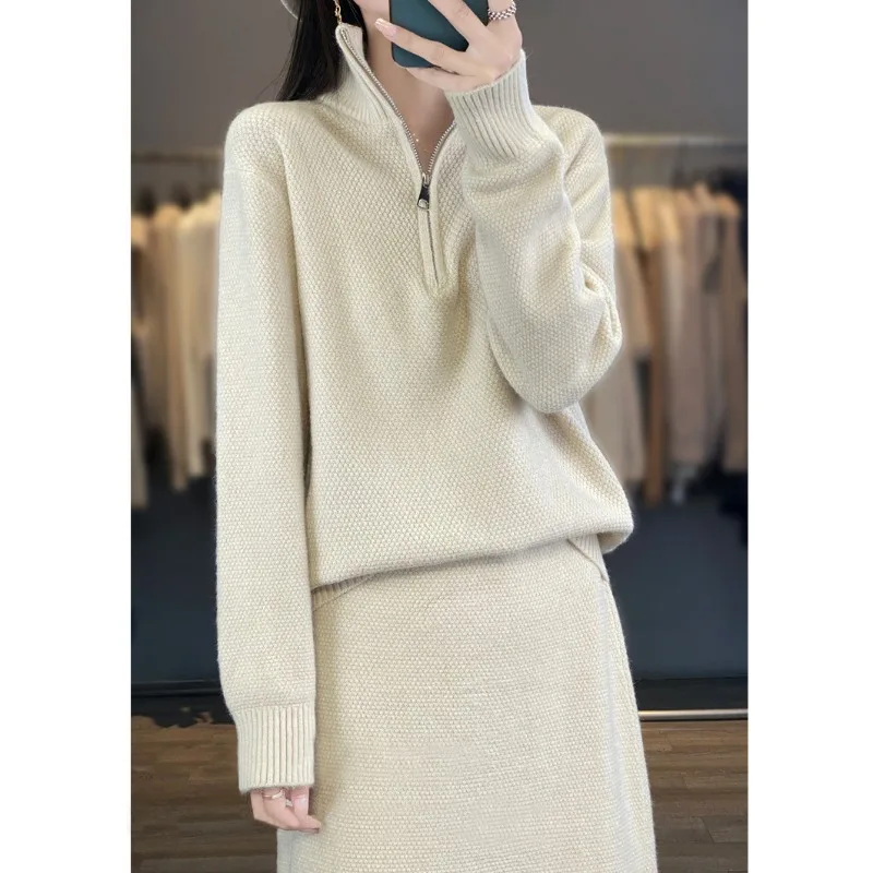 Outono e inverno novo meio zíper gola alta camisola + moda malha meia saia conjunto de duas peças e12220