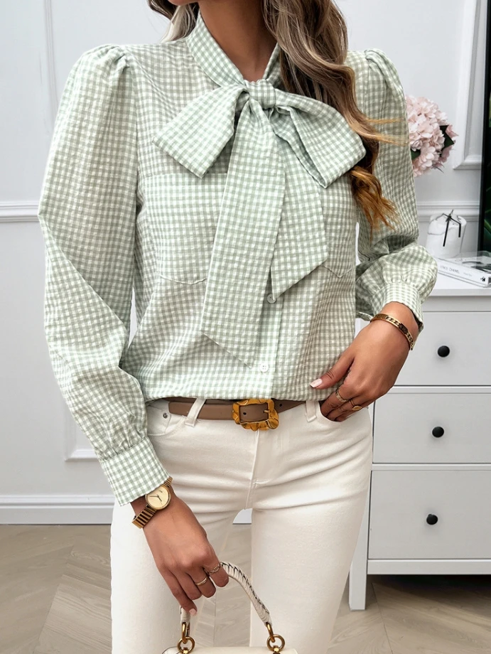 Elegant Women\'s T-Shirt Summer Fashion Korean Version Casual Checkered Print Bow Tie O-Neck Straight Tube Long Sleeved Blouses