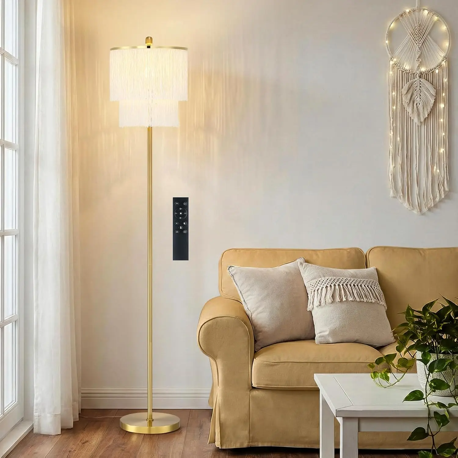 

63" Dimmable Boho Floor Lamp with Remote, Adjustable Color Temperature & Timer for Living Room