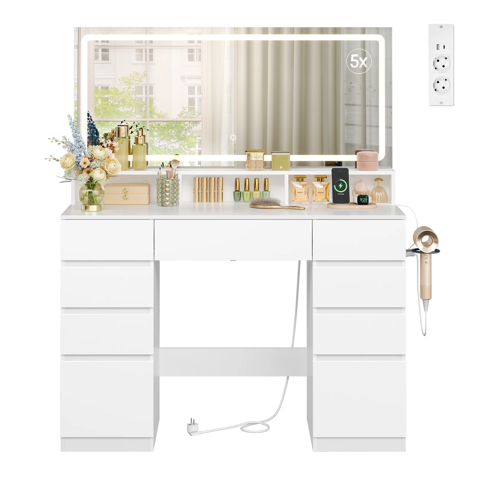 Coiffeuse WOLTU avec grand miroir LED, 9 tiroirs, support pour sèche-cheveux et prise de courant, pour chambre à coucher