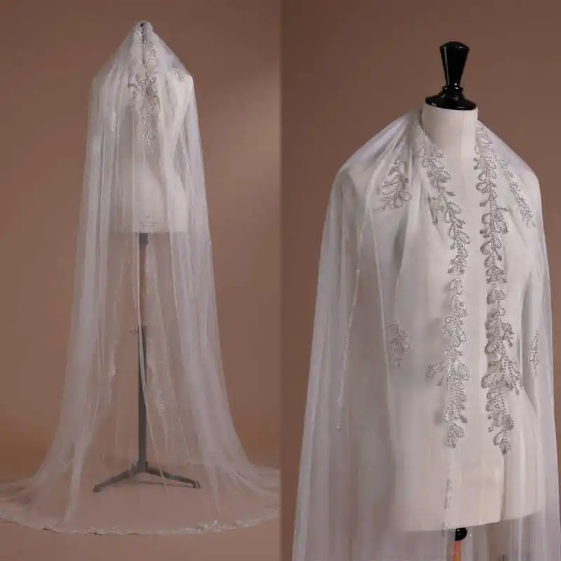 

Elegant One Layer Bridal Veils Chapel Length Soft Tulle Sequins Beadding Wedding Veils Customized Marriage Accessories