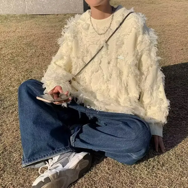 

plus Size Men's Knit Sweater Autumn Winter Thiened Tassel Sle Color Simple Cool Korean Version Large 300 Pou