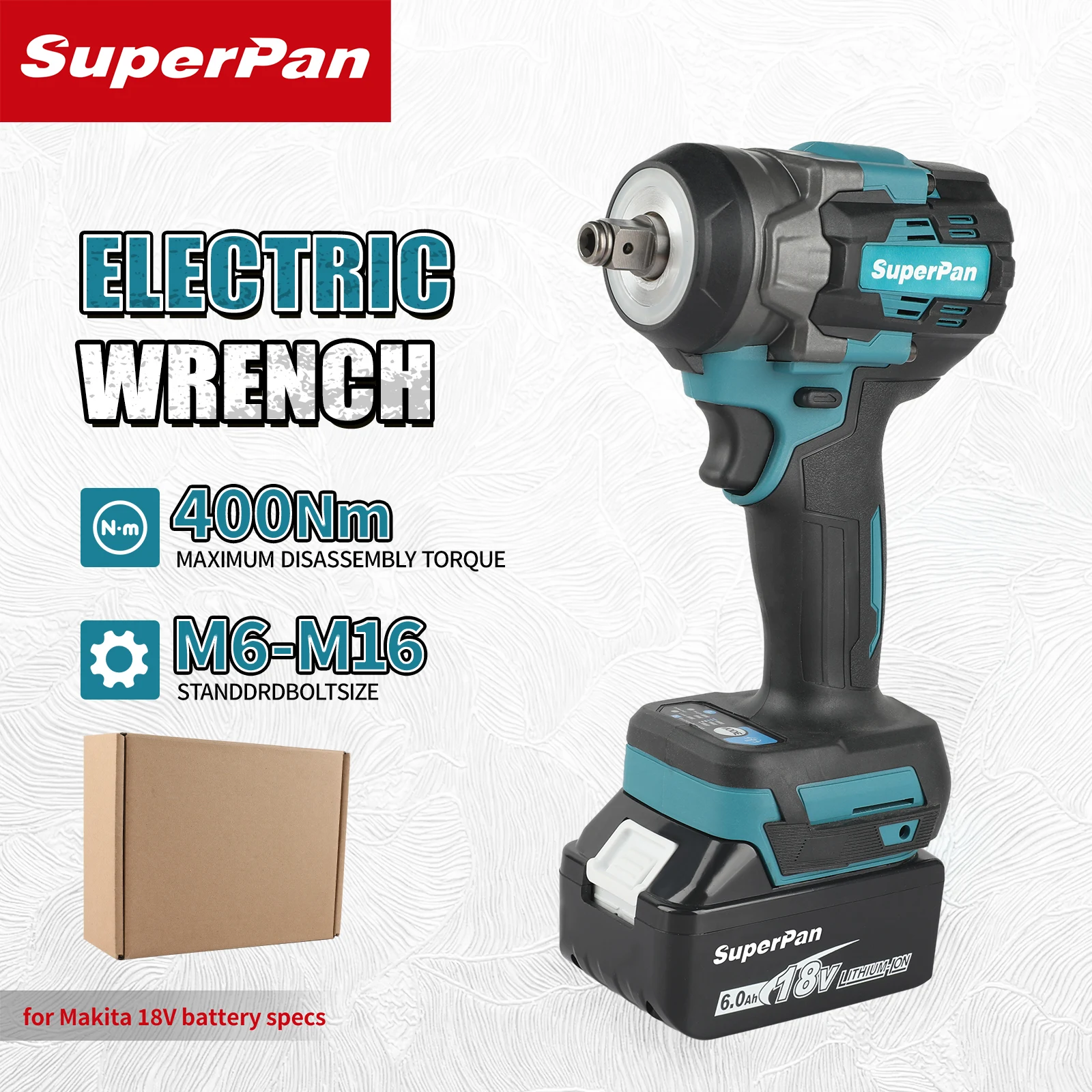 

Беспроводной ударный гайковерт Super Pan 18V с бесщеточным двигателем, высоким крутящим моментом 400 Нм, привод 1/2 дюйма, совместим с аккумуляторами Makita 18V.