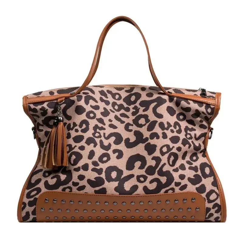 Leopard Print Large Handbag, Autumn Winter Casual Large Capacity Shoulder Bag, Women's Rivet Motorcycle Bag Trend