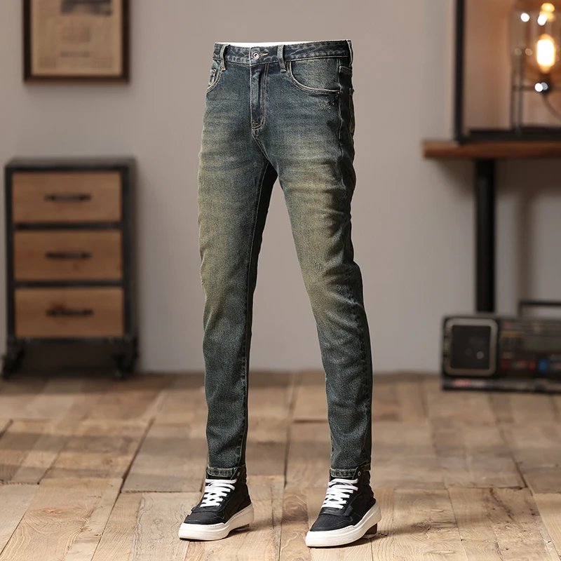 Celana jins ketat pria, celana jins ketat untuk pesta jalanan, celana bordir trendi, celana Skinny lurus modis, Retro Distressed musim gugur dan musim dingin