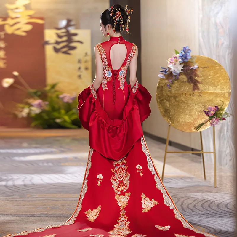 Sleeveless Tailed Improved Cheongsam 2025 Engagement Wedding Chinese Toast Show Thin Dress Bride Dress Qipao
