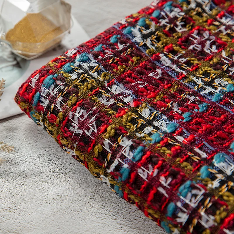 

Винно-красная решетчатая шерстяная плетеная твидовая ткань для женщин, осенняя куртка, костюмы, пальто, ткань «сделай сам», швейный материал