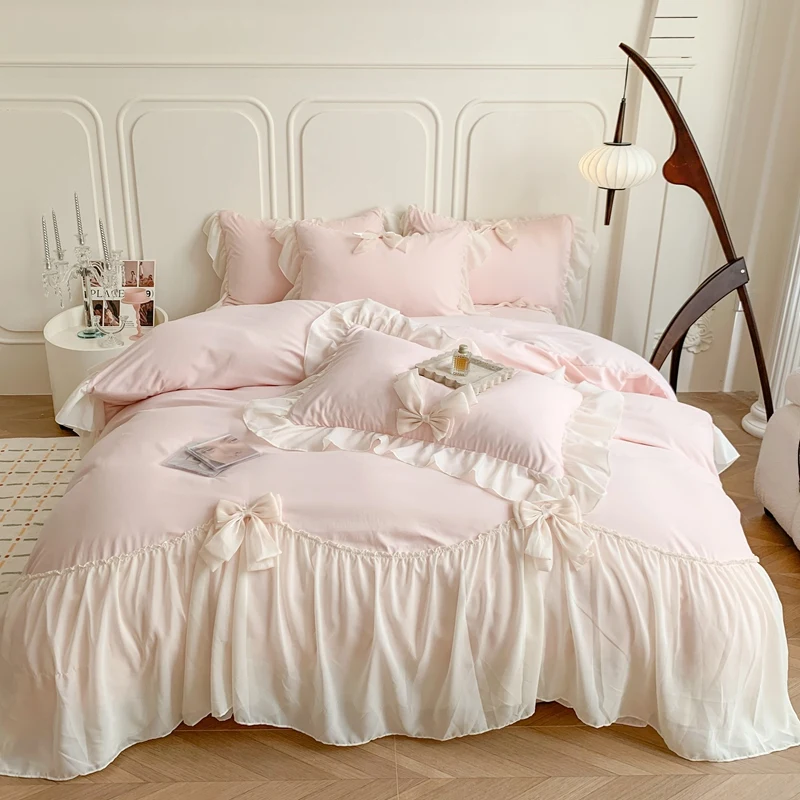 Pink Princess Lace Bedding Set Korean Style Luxury Wedding Bow Ruffles Quilt/Duvet Cover Bed Sheet Pillowcases Queen King Size