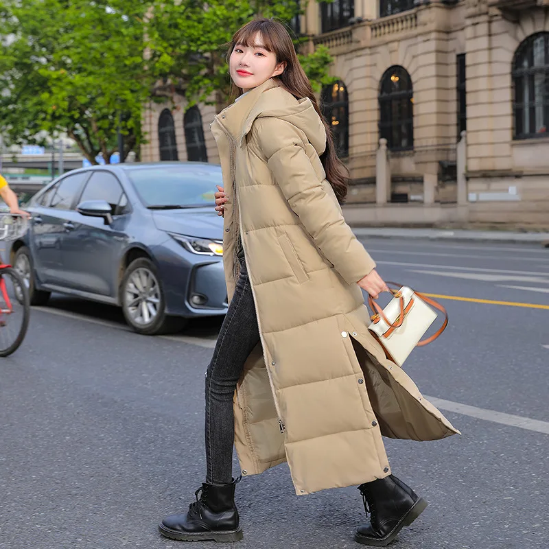 New Fashion Casual Long Sleeve Stand Collar Solid Color Loose Fit Side Slits Hooded Extra Long Over Knee Cotton‑Padded Coat
