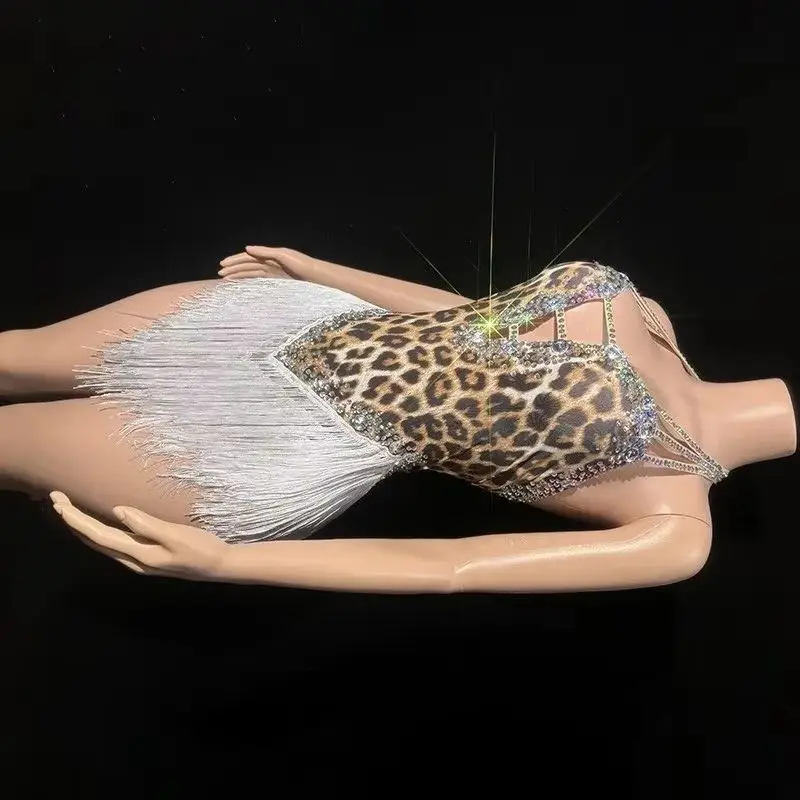 

Rhinestones Tassel Leopard Print Bodysuit Backless Performance Dance Costume Singer Dancer Wear Club Outfit Diamond Photoshoot