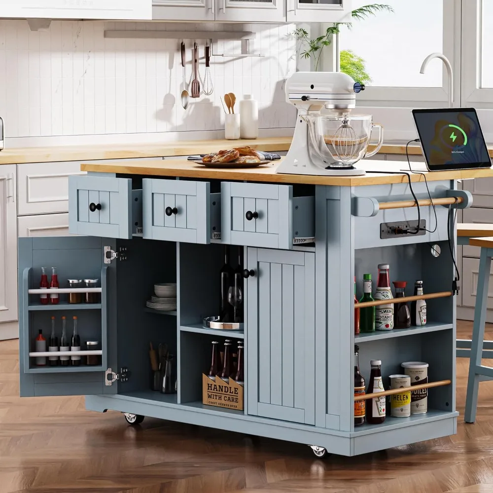 Kitchen Storage Island on Wheels with Drop Leaf & Power Outlet, Rolling Kitchen Island Cart with Open Side Racks, Door Shelves